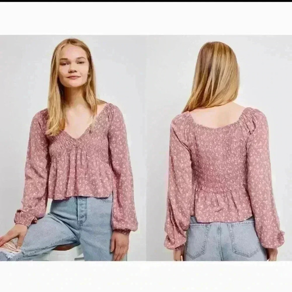 LA Hearts Blush Floral Rayon Smock Balloon Cropped Peasant Boho Ruffle Top - Picture 1 of 14